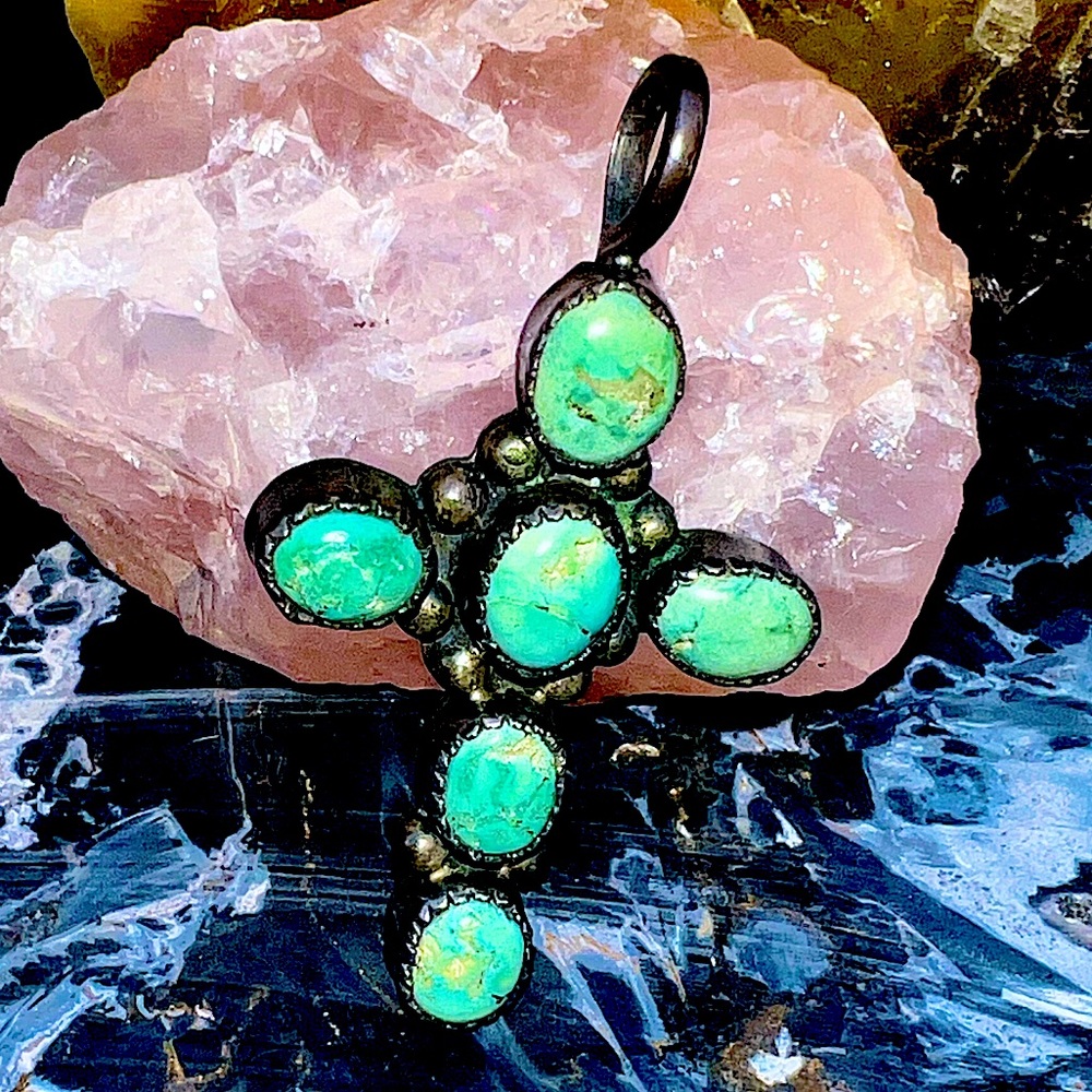 Vintage Native American Cross Pendant Green Turquoise Blackened Sterling Silver